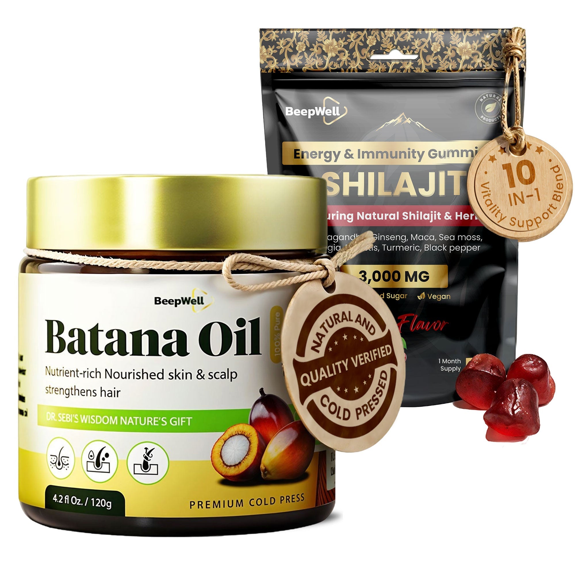 BeepWell Shilajit Gummies + Batana Oil Bundle – Resin-Based Gummies with Herbal Blend (60 ct) & Unrefined Hair Oil from Honduras (4.2 fl oz)