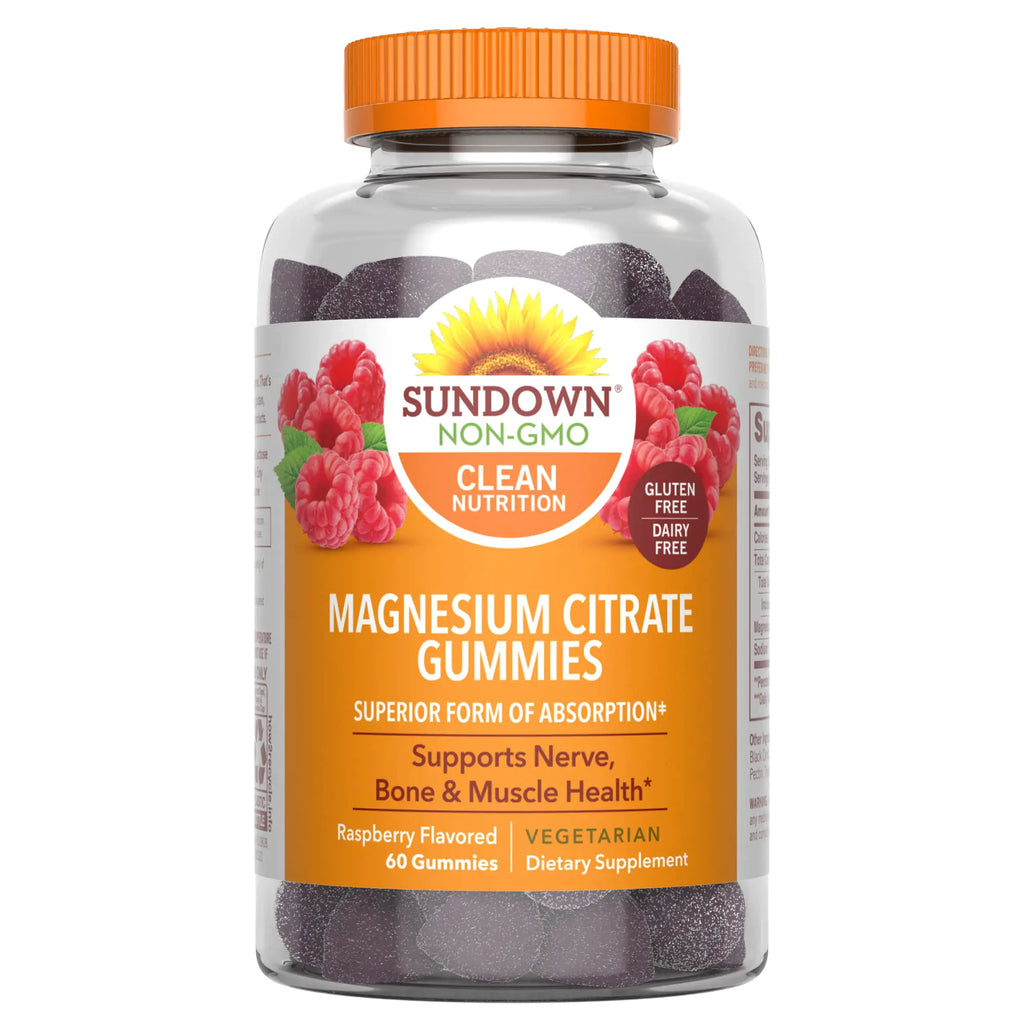 Sundown Magnesium Citrate Gummies Supports Nerve Bone & Muscle Health Vegetarian Raspberry Flavored 60 Count